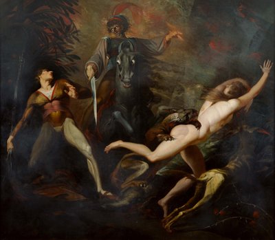 セオドアは森で彼の祖先グイド・カヴァルカンティの亡霊に会います 作： Johann Heinrich Füssli